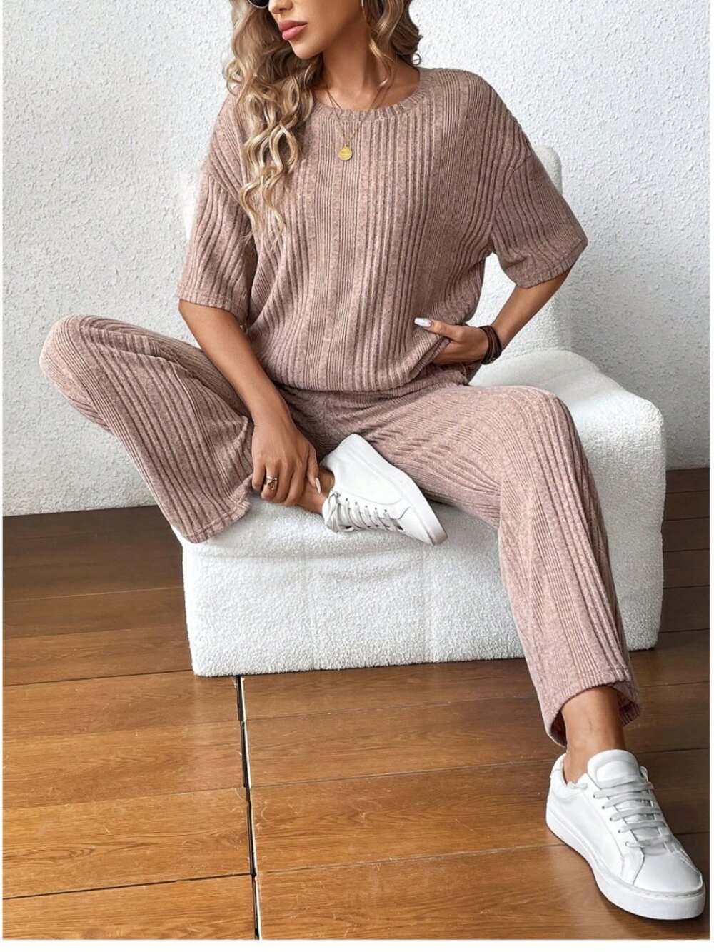Apricot Ribbed Lounge Set Wide Leg Pants Size Large - Picture 2 of 7